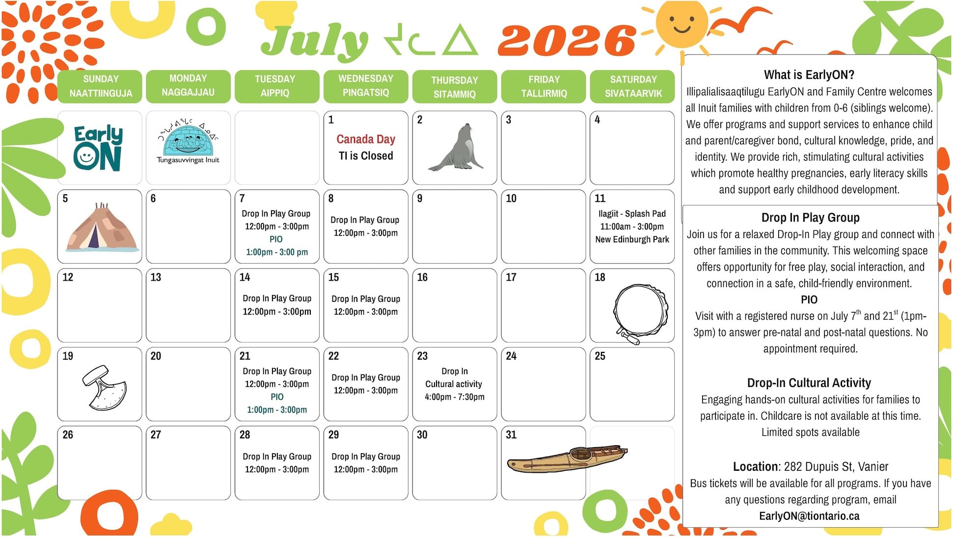 EarlyON July Calendar